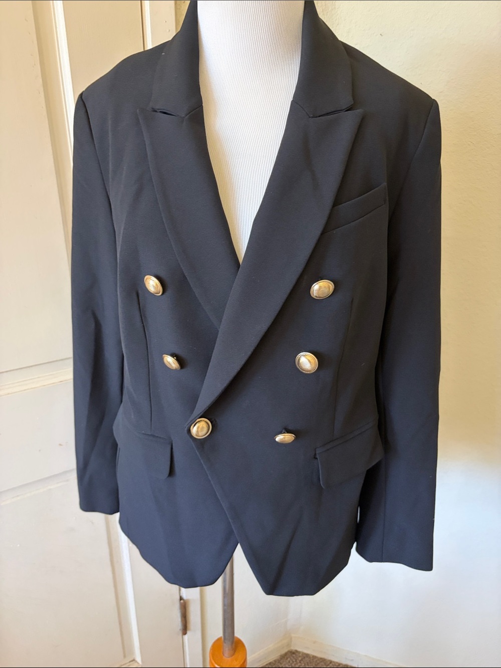 Express Double-Breasted Black Blazer with Gold Buttons